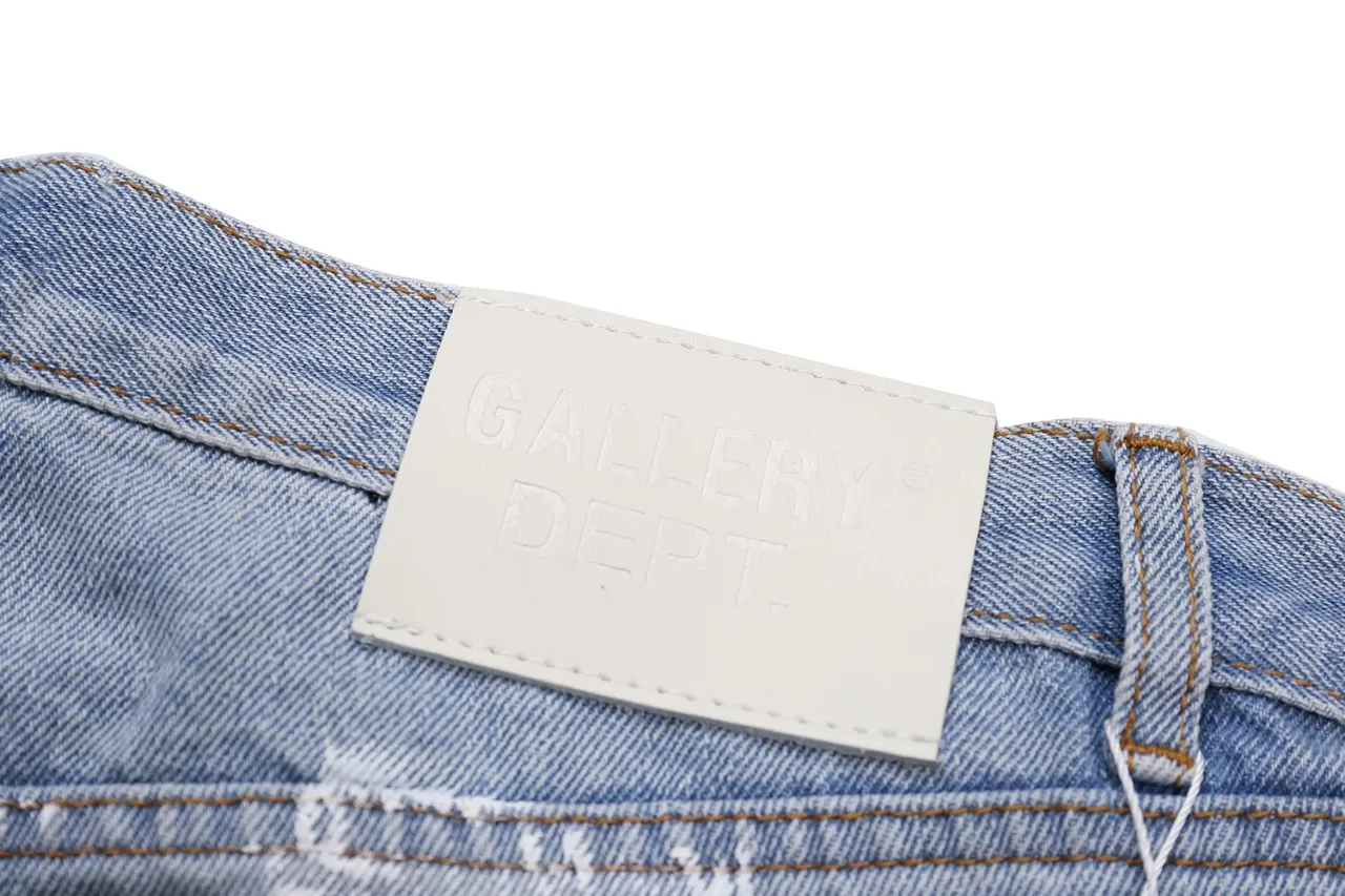 p270 647#Gallery Dept New Washed Blue Destroyed Hole Embroidery Patch Hand-painted Splashed Ink Splicing Micro-Large Jeans Heavy Industry Ox King American High Street Casual Pants Washed Blue S~XL